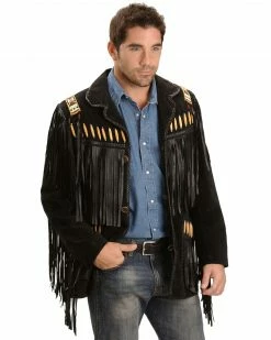 Scully Men's Bone Beaded Fringe Leather Jacket Bourbon