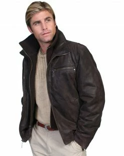 Scully Zip-Out Front & Collar Lambskin Jacket For Men's Brown