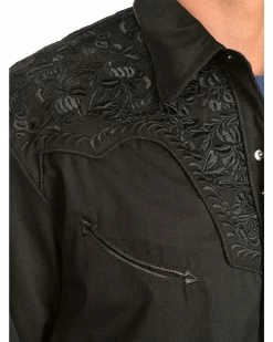 Scully Floral Embroidery Black Retro Western Shirt - Big & Tall For Men's Jet -Scully Shop 083F88 ZD D2