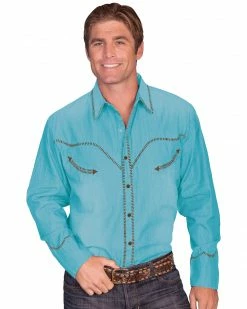 Scully Men's Solid Whipstitch Denim Retro Long Sleeve Western Shirt Turquoise -Scully Shop 0921S7 64 P1