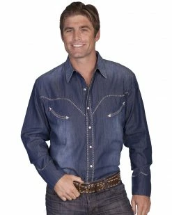Scully Men's Solid Whipstitch Denim Retro Long Sleeve Western Shirt Turquoise -Scully Shop 0921S7 83 P1