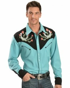 Scully Men's Rose & Horseshoe Embroidered Retro Long Sleeve Western Shirt Turquoise -Scully Shop 0921T8 64 P1 1