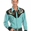 Scully Men's Rose & Horseshoe Embroidered Retro Long Sleeve Western Shirt Turquoise -Scully Shop 0921T8 64 P1