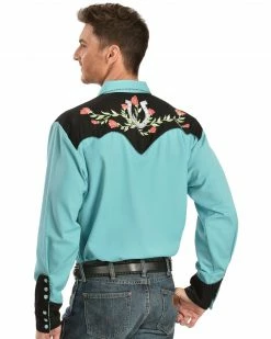 Scully Men's Rose & Horseshoe Embroidered Retro Long Sleeve Western Shirt Turquoise -Scully Shop 0921T8 64 P2