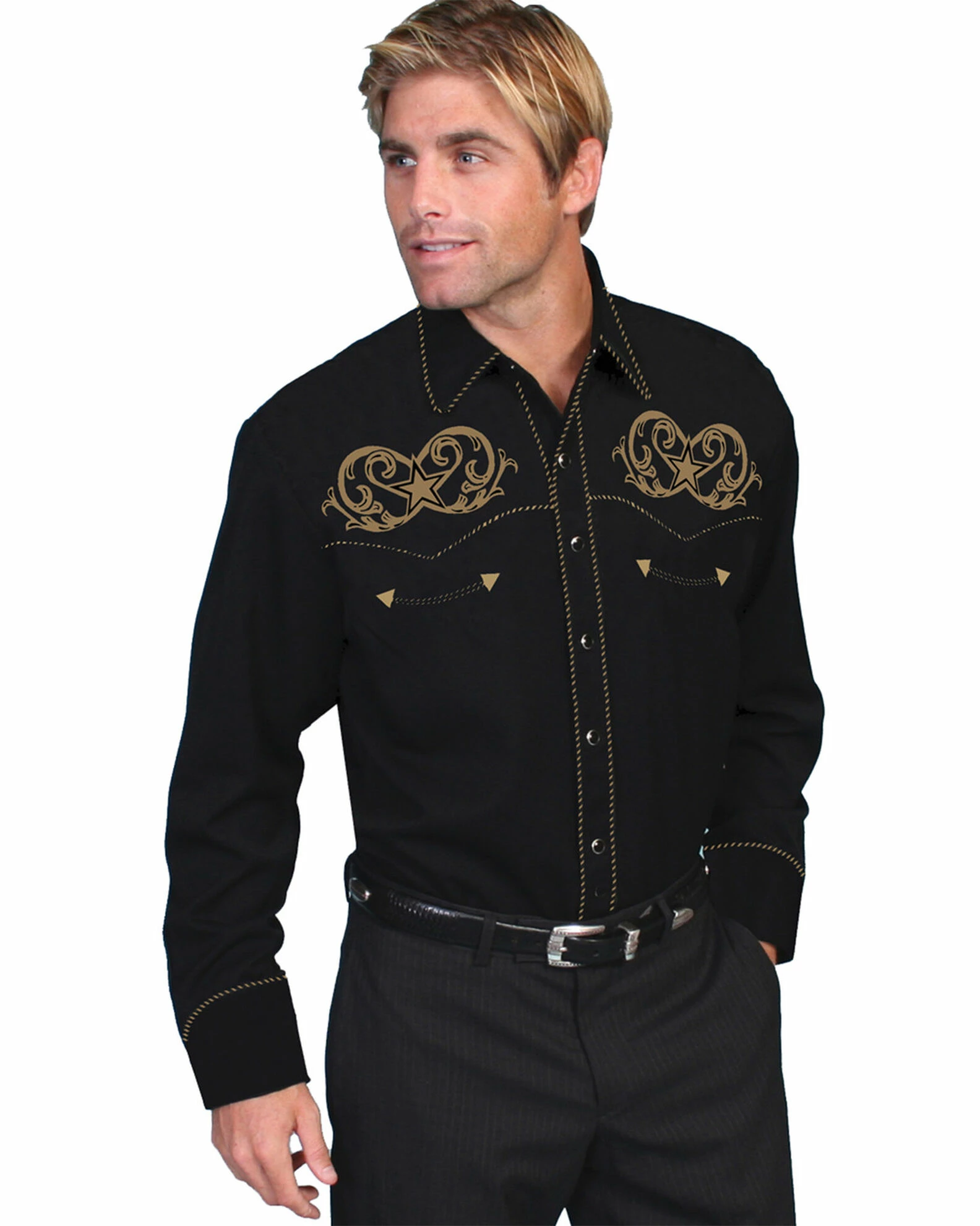 Scully Men's Embroidered Star Western Shirt Black 3 Scully Men's Embroidered Star Western Shirt Black