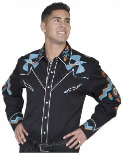 Scully Men's Phoenix Embroidered Retro Long Sleeve Western Shirt  Black