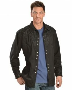 Scully Men's Black Floral Embroidered Retro Long Sleeve Western Shirt Jet Black