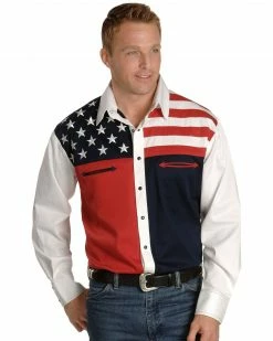 Scully Men's Patriotic American Flag Colorblock Long Sleeve Western Shirt Blue