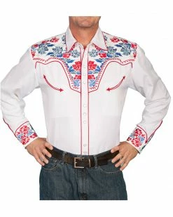 Scully Men's Vibrant Floral Embroidered Retro Long Sleeve Western Shirt Indigo -Scully Shop 092T81 100 P1