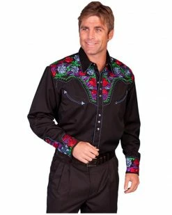 Scully Men's Vibrant Floral Embroidered Retro Long Sleeve Western Shirt Indigo -Scully Shop 092T81 401 P1 1