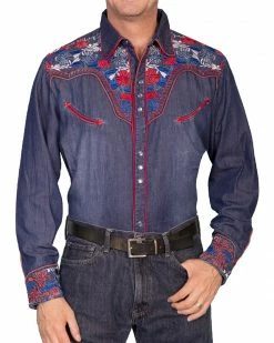 Scully Men's Vibrant Floral Embroidered Retro Long Sleeve Western Shirt Indigo -Scully Shop 092T81 402 P1