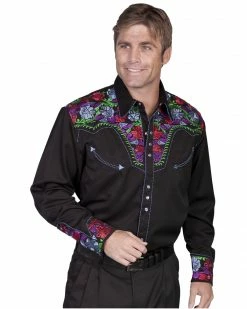 Scully Men's Vibrant Floral Embroidered Retro Long Sleeve Western Shirt Indigo -Scully Shop 092T81 89 P1