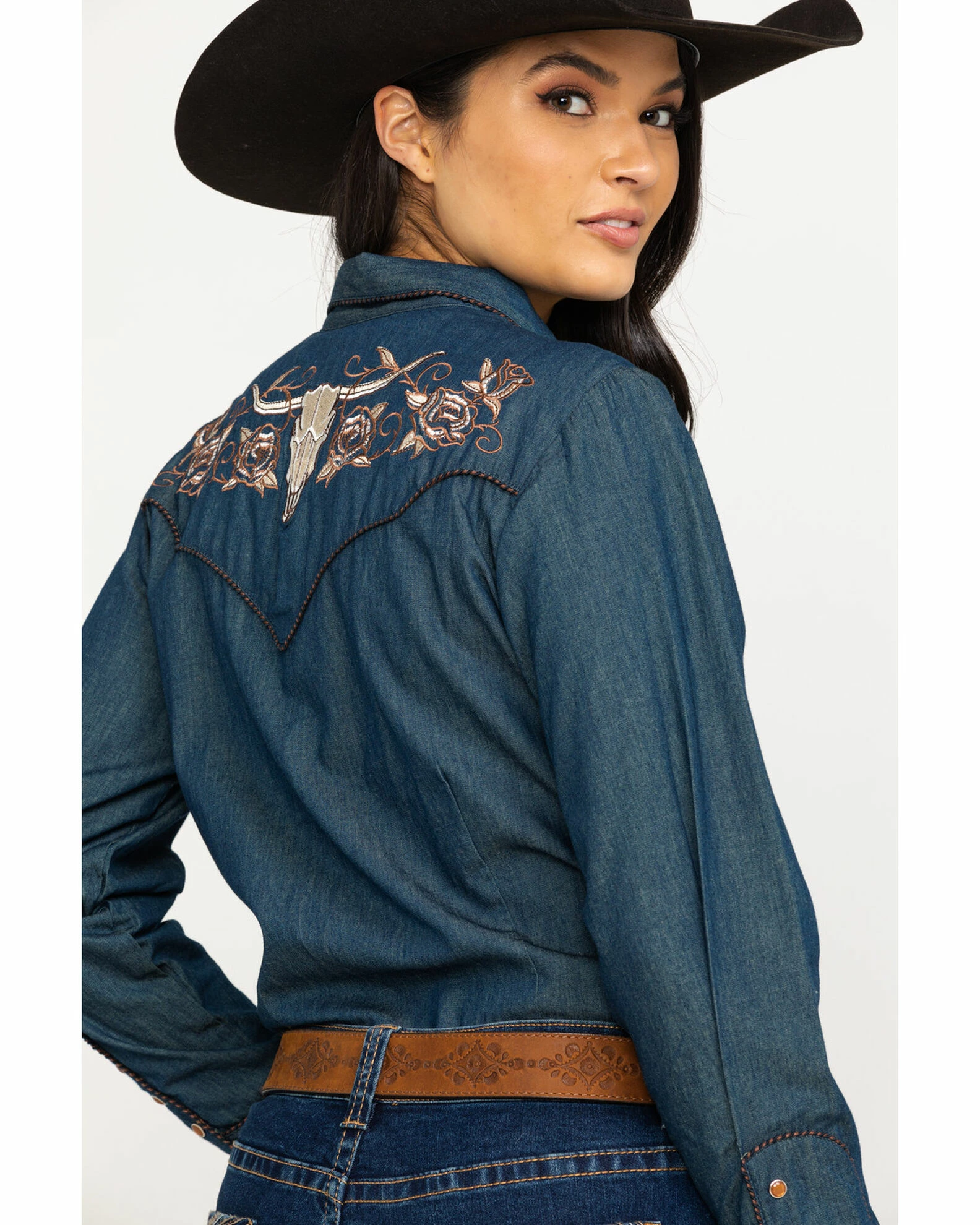 Scully Women's Rose Embroidered Denim Long Sleeve Western Shirt Blue 4 Scully Women's Rose Embroidered Denim Long Sleeve Western Shirt Blue - Image 2