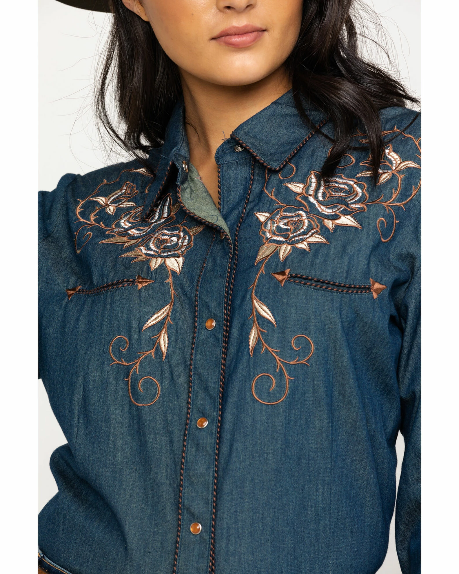 Scully Women's Rose Embroidered Denim Long Sleeve Western Shirt Blue 6 Scully Women's Rose Embroidered Denim Long Sleeve Western Shirt Blue - Image 4
