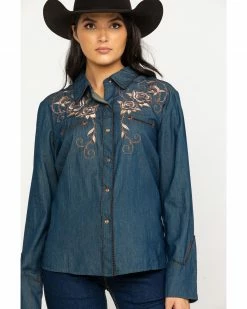 Scully Women's Rose Embroidered Denim Long Sleeve Western Shirt Blue 13 Scully Women's Rose Embroidered Denim Long Sleeve Western Shirt Blue -Scully Shop 2000243849 400 P5