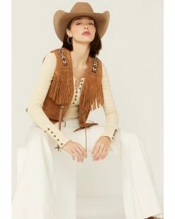 Leatherwear By Scully Women's Boar Suede Beaded Fringe Vest Tan