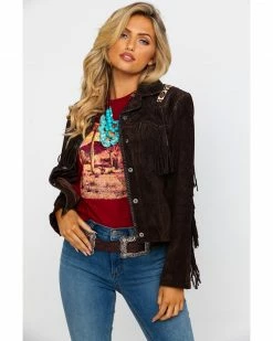 Scully Women's Boar Suede Beaded Fringe Jacket Brown