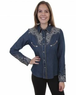 Scully Women's Vine Embroidered Long Sleeve Western Shirt Blue
