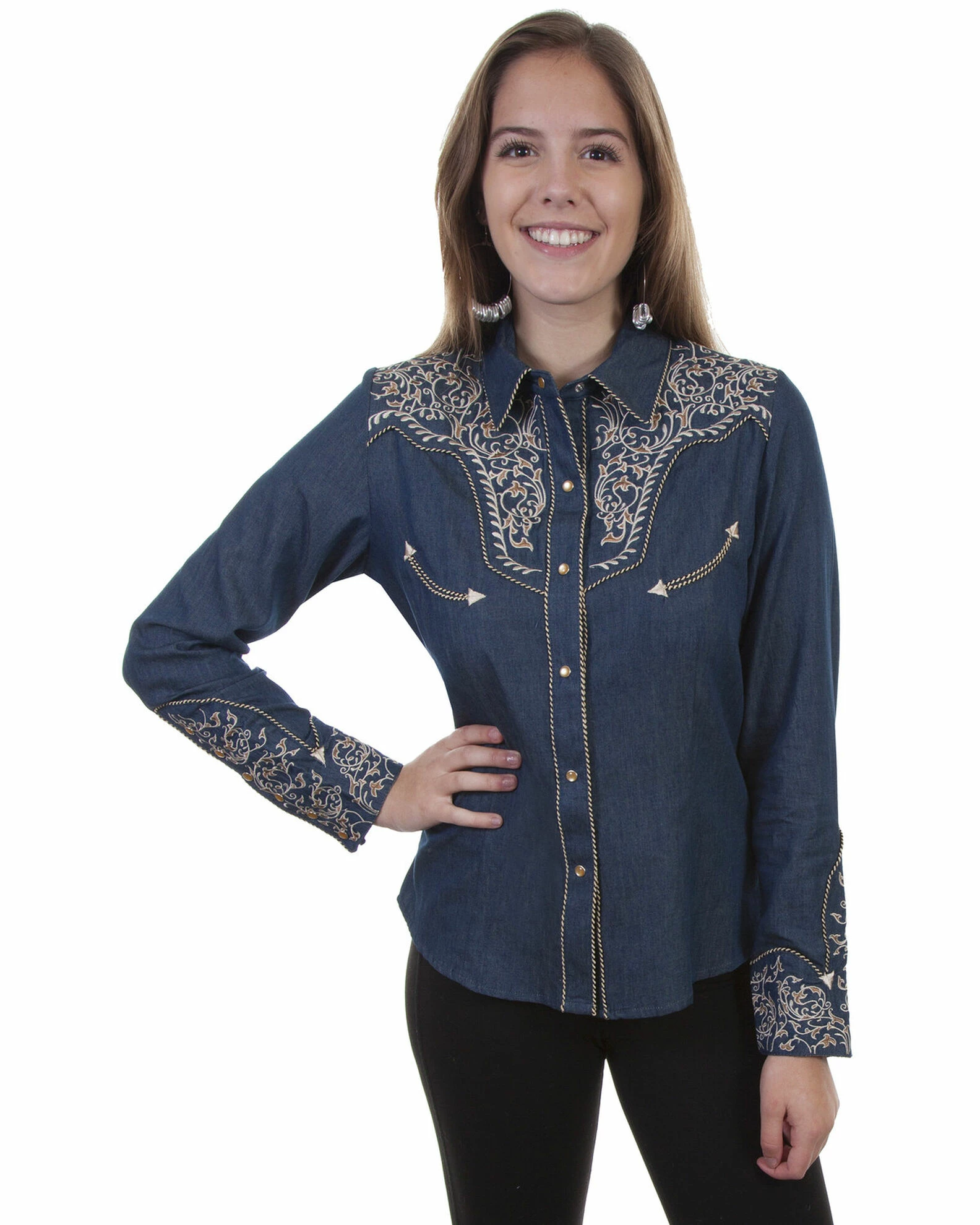 Scully Women's Vine Embroidered Long Sleeve Western Shirt Blue 3 Scully Women's Vine Embroidered Long Sleeve Western Shirt Blue