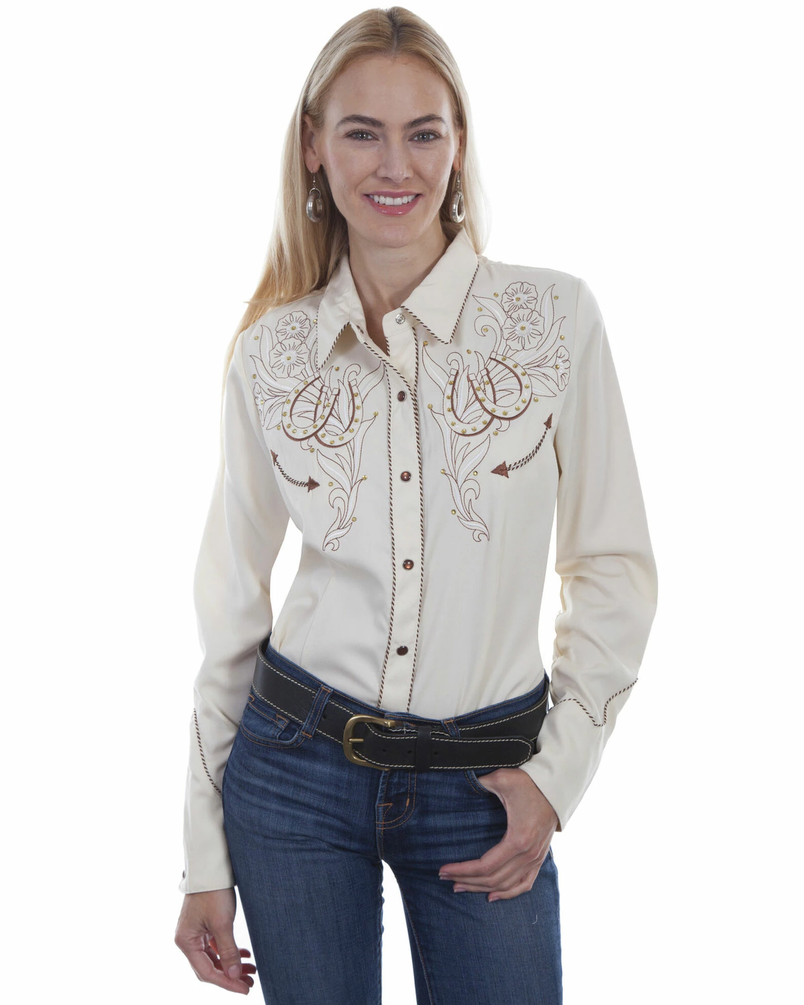 Western Scully Women's Cream Horseshoe Long Sleeve Western Shirt 3 Western Scully Women's Cream Horseshoe Long Sleeve Western Shirt