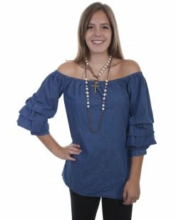 Scully Women's Cabbage Sleeve Off Shoulder Top  Blue -Scully Shop 2000281288 400 P1 1