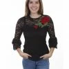 Honey Creek By Scully Women's Rose Applique Long Sleeve Lace Top  Black