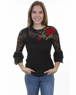 Honey Creek By Scully Women's Rose Applique Long Sleeve Lace Top  Black