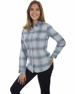 Honey Creek By Scully Women's Blue Corduroy Plaid Long Sleeve Top