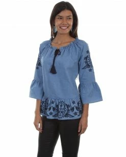 Honey Creek By Scully Women's Denim Peplum Long Sleeve Blouse Blue