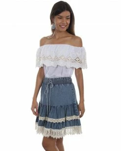 Honey Creek By Scully Women's Denim Lace Trim Skirt Blue