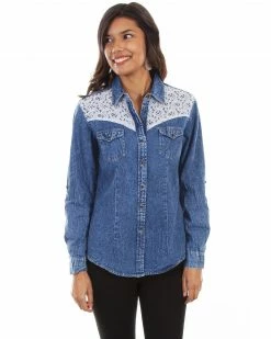 Honey Creek By Scully Women's Denim Lace Long Sleeve Western Top Blue