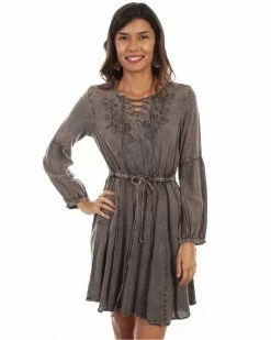 Honey Creek By Scully Women's Acid Wash Bell Sleeve Dress Brown
