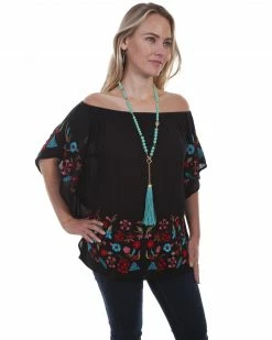 Honey Creek By Scully Women's Embroidered Cold Shoulder Blouse   Black