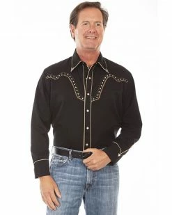 Scully Men's Black Diamond Embroidered Long Sleeve Western Shirt  Black/white