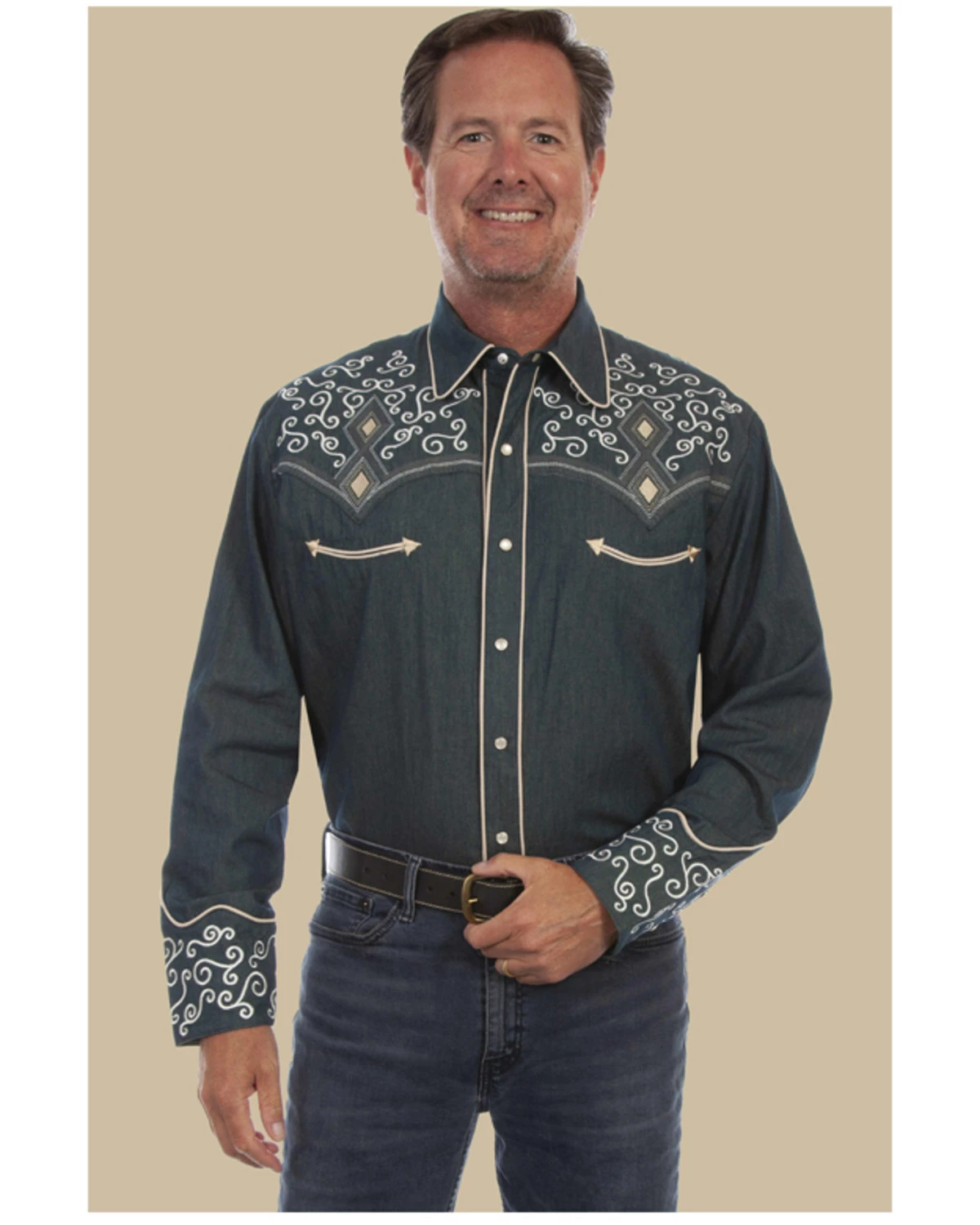 Scully Men's Denim Scroll Embroidered Long Sleeve Snap Western Shirt Navy 4 Scully Men's Denim Scroll Embroidered Long Sleeve Snap Western Shirt Navy - Image 2