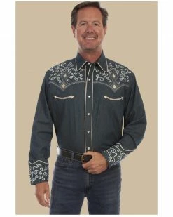 Scully Men's Denim Scroll Embroidered Long Sleeve Snap Western Shirt  Navy