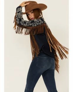 Scully Women's Demin Embroidered Floral & Beaded Stud Fringe Leather Jacket Indigo -Scully Shop 2000348602 402 P4