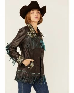 Scully Women's Brown & Turquoise Embroidered Yoke & Fringe Suede Leather Jacket