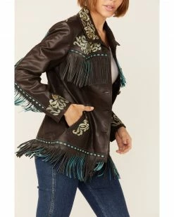 Scully Women's Brown & Turquoise Embroidered Yoke & Fringe Suede Leather Jacket -Scully Shop 2000348622 200 P3