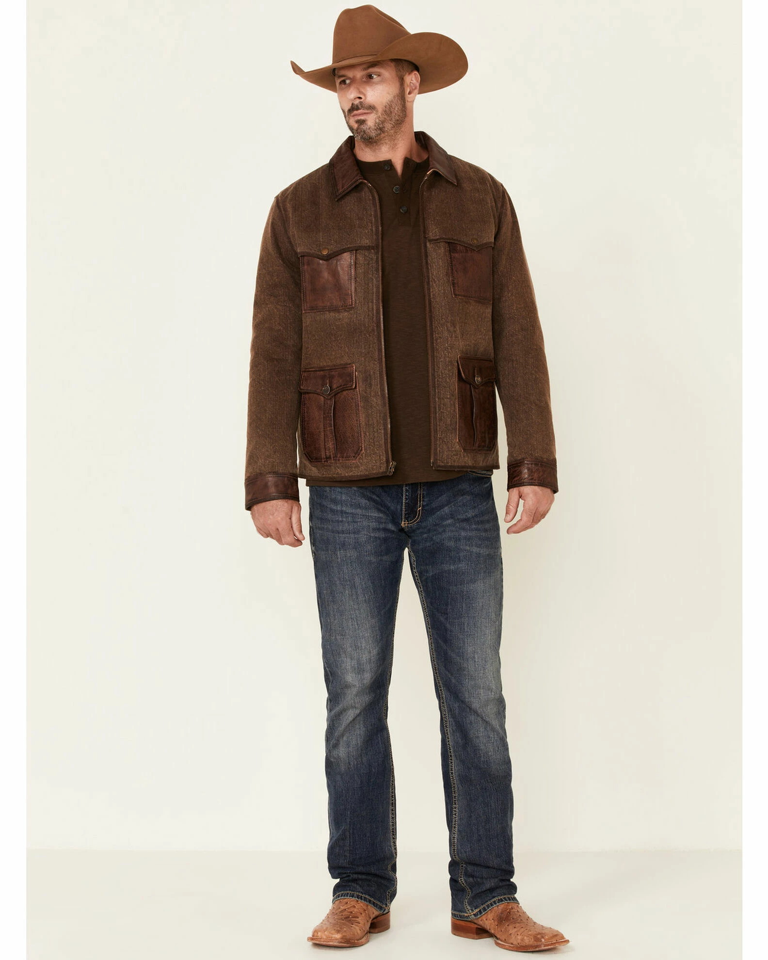 Scully Men's Brown Canvas Leather Trim Zip-Front Jacket 4 Scully Men's Brown Canvas Leather Trim Zip-Front Jacket - Image 2