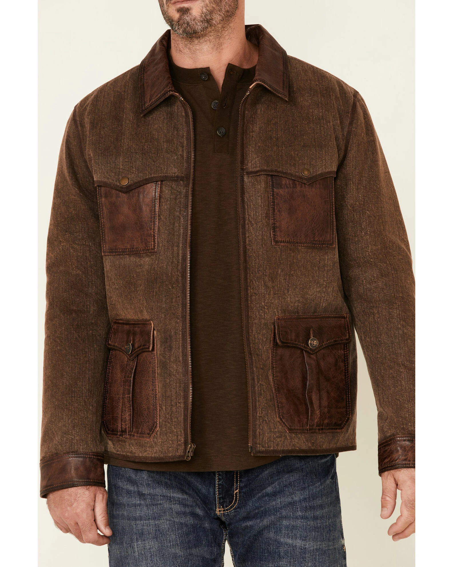 Scully Men's Brown Canvas Leather Trim Zip-Front Jacket 5 Scully Men's Brown Canvas Leather Trim Zip-Front Jacket - Image 3