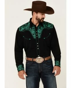 Scully Men's Emerald Embroidered Gunfighter Long Sleeve Snap Western Shirt  Black -Scully Shop 2000350083 001 P1 1