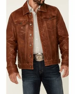 Scully Men's Tan Leather Button-Front Trucker Jacket  -Scully Shop 2000350085 280 P3