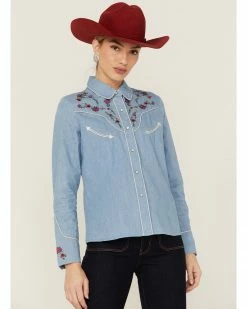 Scully Women's Chambray Floral Embroidered Yoke Snap Western Shirt Blue -Scully Shop 2000363824 400 P1 1