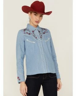Scully Women's Chambray Floral Embroidered Yoke Snap Western Shirt Blue
