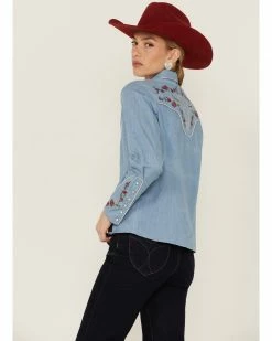 Scully Women's Chambray Floral Embroidered Yoke Snap Western Shirt Blue -Scully Shop 2000363824 400 P3