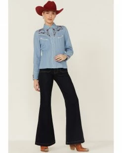 Scully Women's Chambray Floral Embroidered Yoke Snap Western Shirt Blue -Scully Shop 2000363824 400 P4