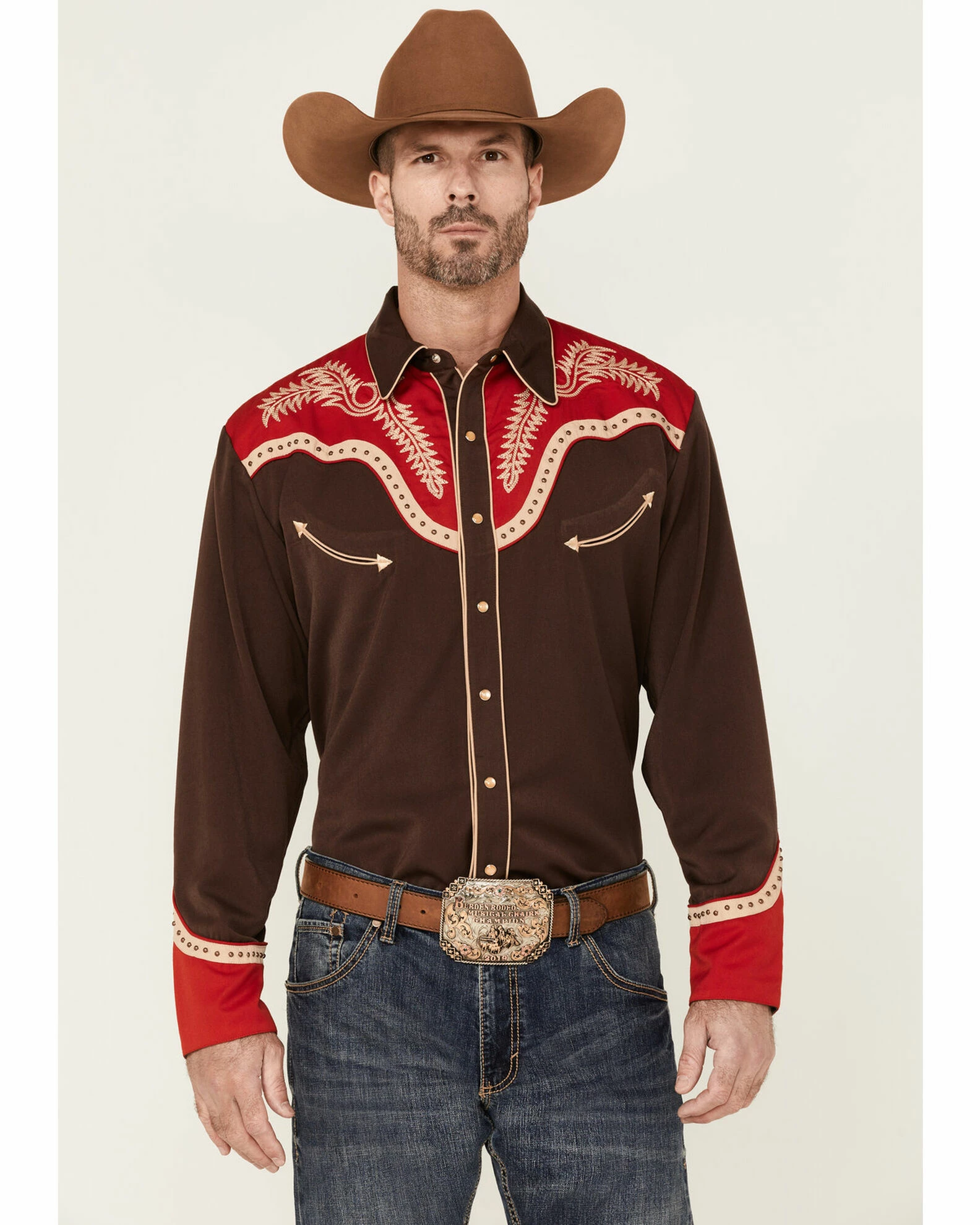 Scully Men's Boot Stitch Embroidered Chocolate & Red Long Sleeve Snap Western Shirt Brown 3 Scully Men's Boot Stitch Embroidered Chocolate & Red Long Sleeve Snap Western Shirt Brown