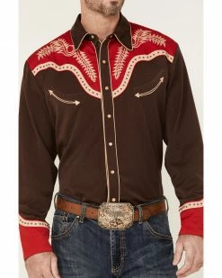 Scully Men's Boot Stitch Embroidered Chocolate & Red Long Sleeve Snap Western Shirt Brown 9 Scully Men's Boot Stitch Embroidered Chocolate & Red Long Sleeve Snap Western Shirt Brown -Scully Shop 2000367609 200 P3