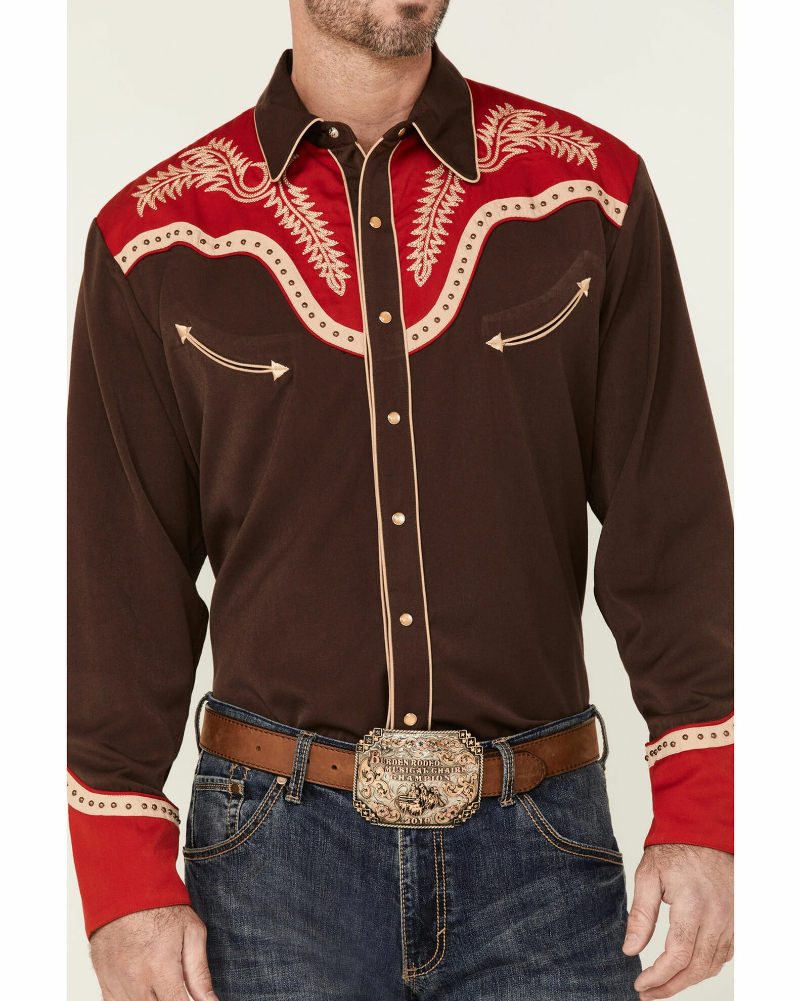 Scully Men's Boot Stitch Embroidered Chocolate & Red Long Sleeve Snap Western Shirt Brown 5 Scully Men's Boot Stitch Embroidered Chocolate & Red Long Sleeve Snap Western Shirt Brown - Image 3
